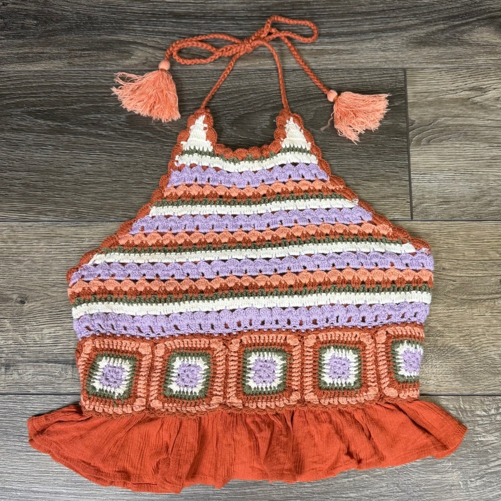 Lucky Brand Crochet Granny Square Halter Top Orange Multi Small Boho Festival